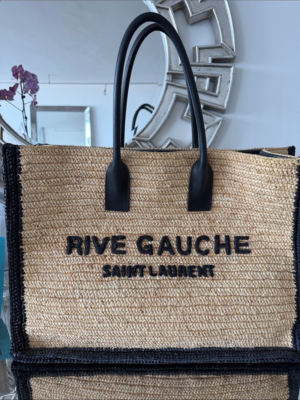 Saint Laurent Natural Straw Tote with Black Accents
